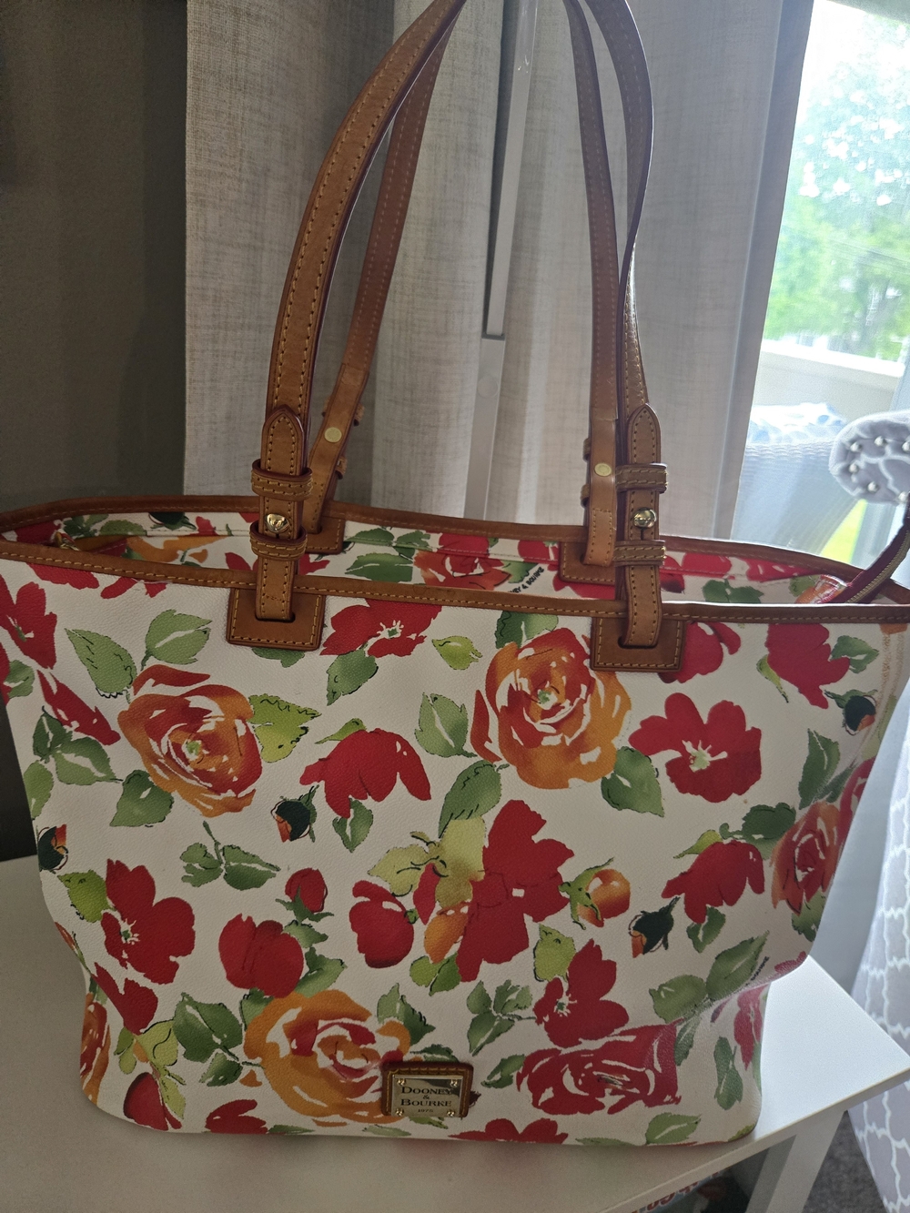Y2K Dooney & Bourke White Floral Tote with Red and Orange Blooms and Tan Trim